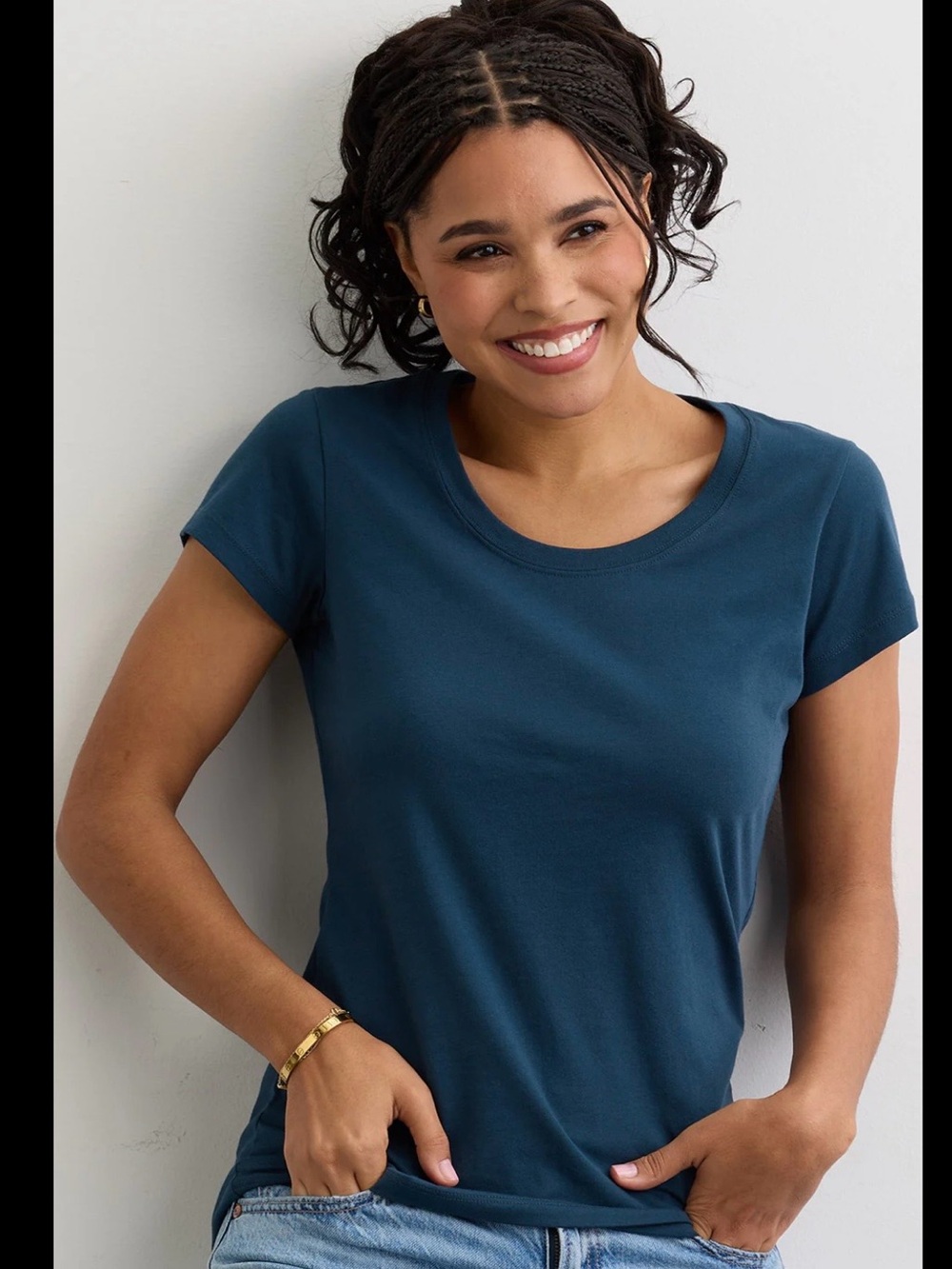 Indigo Scoop Neck Short Sleeve Tee in Teal Blue